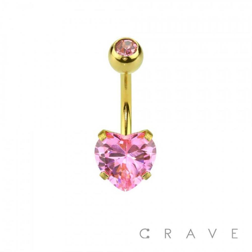 Gold Plated Prong Set Heart CZ 316L Navel Ring-Pink